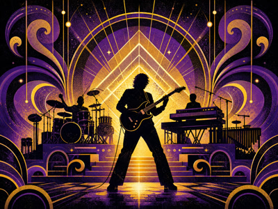 Colourful retro concert-poster illustration representing Prince music