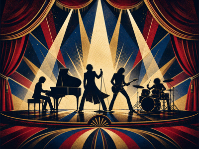 Colourful retro concert-poster illustration representing Queen music