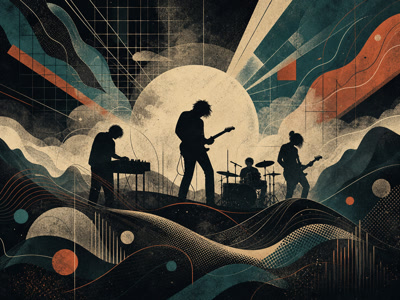Colourful retro concert-poster illustration representing Radiohead music