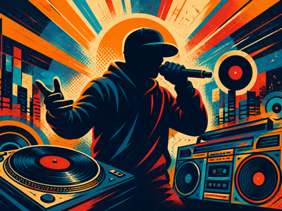 Retro urban illustration of a hip hop performer with turntable-inspired shapes