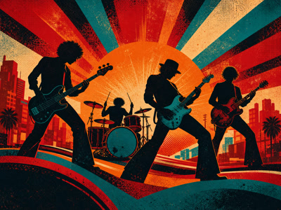 Colourful retro concert-poster illustration representing Red Hot Chili Peppers music