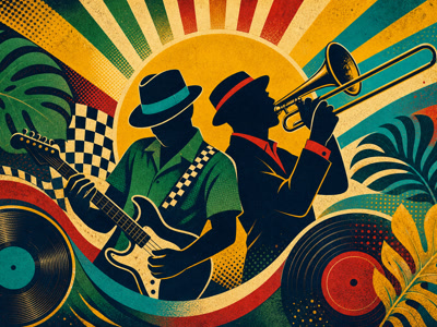 Colourful retro illustration of reggae and ska musicians with rhythmic patterns