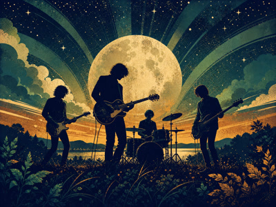 Colourful retro concert-poster illustration representing R.E.M. music