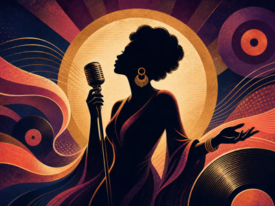 Elegant retro illustration of a soul vocalist with flowing sound waves