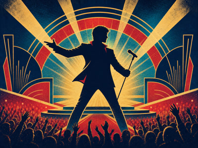Colourful retro concert-poster illustration representing Robbie Williams music