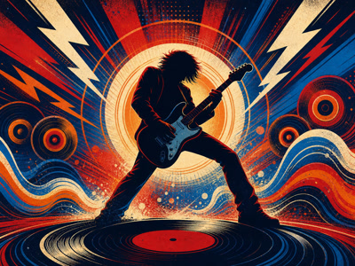 Energetic retro illustration of a rock guitarist with bold concert graphics