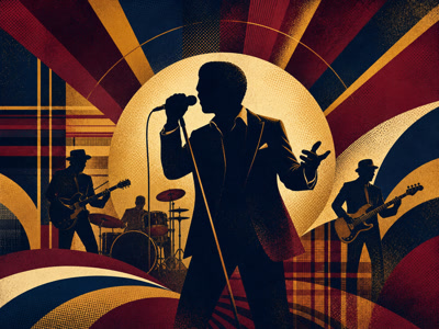Colourful retro concert-poster illustration representing Rod Stewart music