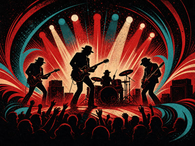 Colourful retro concert-poster illustration representing The Rolling Stones music