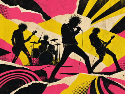 Colourful retro concert-poster illustration representing Sex Pistols music