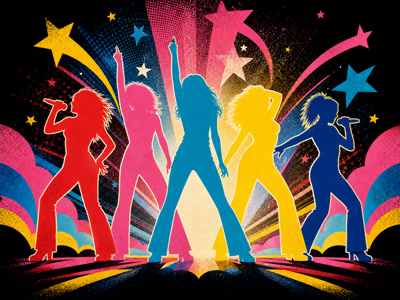 Colourful retro concert-poster illustration representing Spice Girls music