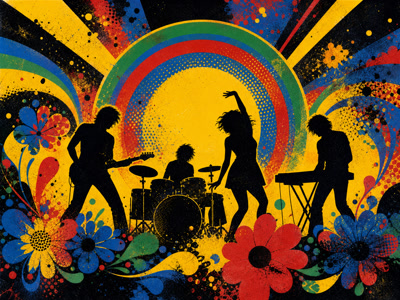 Colourful retro concert-poster illustration representing The Stone Roses music