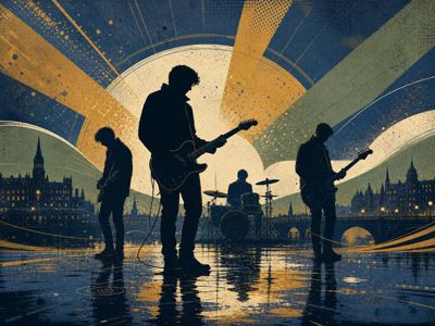 Colourful retro concert-poster illustration representing Travis music