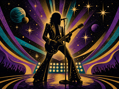 Colourful retro concert-poster illustration representing T-Rex and Marc Bolan music