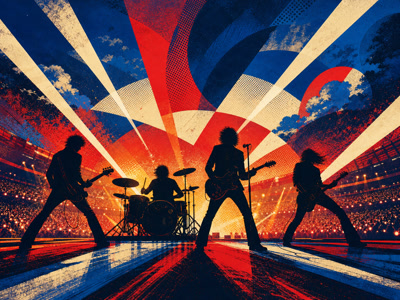 Colourful retro concert-poster illustration representing U2 music