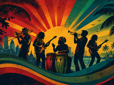 Colourful retro concert-poster illustration representing UB40 music