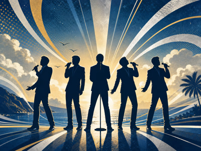 Colourful retro concert-poster illustration representing Westlife music