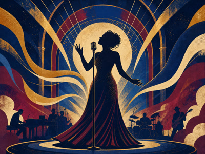 Colourful retro concert-poster illustration representing Whitney Houston music