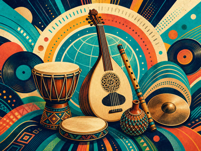 Colourful illustration of musical instruments and patterns from around the world