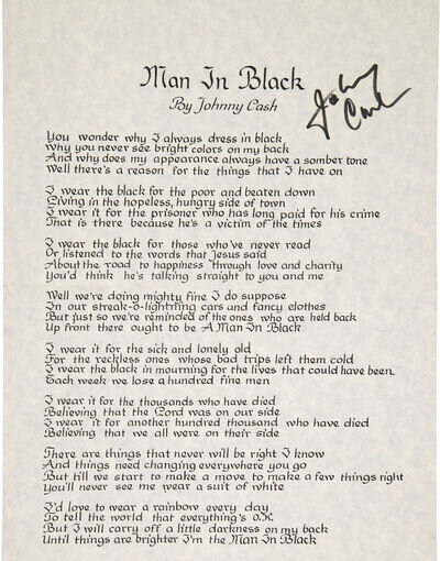 JOHNNY CASH Signed Lyrics 'Man In Black' - Country Rock Singer - preprint