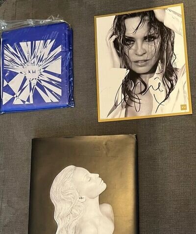 KYLIE RARE AUTOGRAPH SIGNED PRINT & APHRODITE BOOK & RAIN MAC