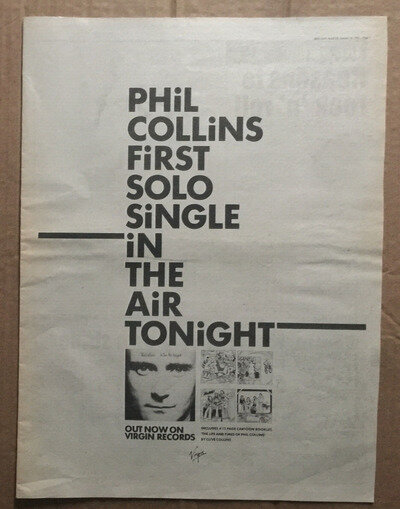 PHIL COLLINS IN THE AIR TONIGHT POSTER SIZED original music press advert 1981