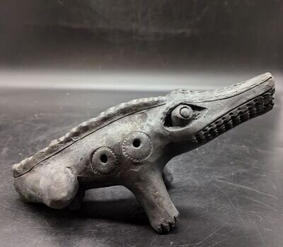 Old Effigy Figural Crocodile Rhino Alligator Clay Ocarina Flute Whistle 9"