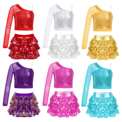 Girls Sequins Crop Top with Skirt 2 Piece Dance Dress Jazz Latin Modern Costume