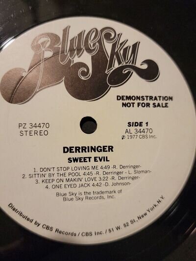 DERRINGER Sweet Evil WHITE LABEL PROMO LP 1977 BLUE SKY PZ 34470 RICK DERRINGER