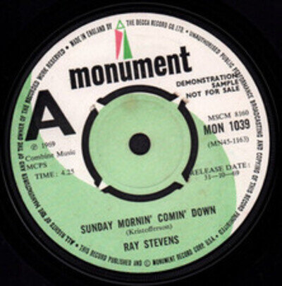 Ray Stevens Sunday Mornin' Comin Down 7" vinyl UK Monument 1969 Demo MON1039