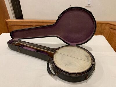 Vintage Unbranded Tenor 4-String Banjo Project w/Open Back & Inlays & Hard Case