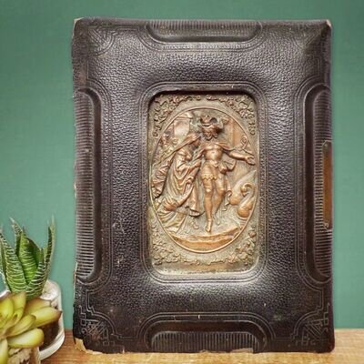 Lohengrin Antique Wall Plaque Leather Book Cover Swan Knight Opera Metal Copper