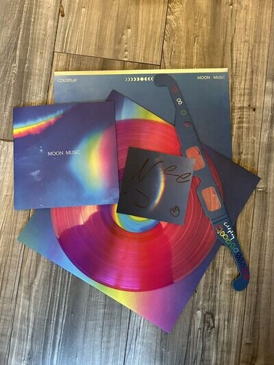 Coldplay Moon Music Hand Signed VIP Pink Vinyl Bundle Stunning Chris Martin
