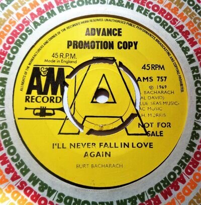 BURT BACHARACH I'll Never Fall In Love Again VINYL 45 PROMO UK 1969 A&M Records