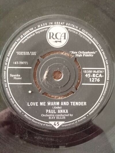 PAUL ANKA LOVE ME WARM AND TENDER UK RCA 7" 45 45-RCA-1276