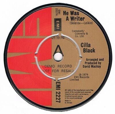 Cilla Black He Was A Writer UK 7" Demo A1-B1 Clean Vinyl EMI 2227 1974' Promo