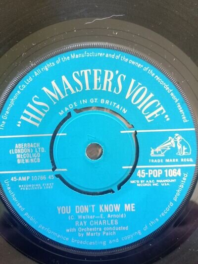 RAY CHARLES YOU DON'T KNOW ME UK 1962 HIS MASTERS VOICE 7" 45 45-POP 1064