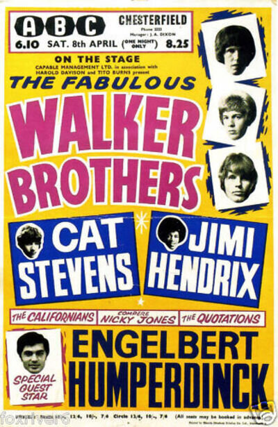 JIMI HENDRIX / WALKER BROTHERS Concert Poster ABC Chesterfield 10"x6" reprint