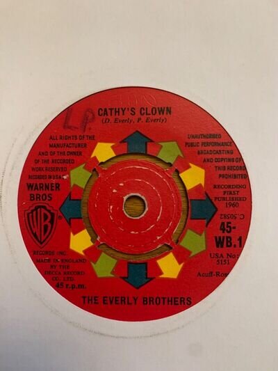 THE EVERLY BROTHERS - CATHY'S CLOWN ORIGINAL VINYL 7" SINGLE 45-WB.1
