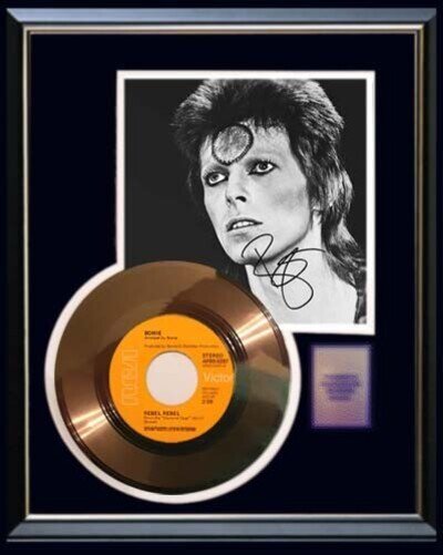 DAVID BOWIE REBEL REBEL GOLD RECORD W- PRINTED SIGNED AUTOGRAPH RARE!