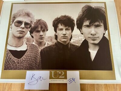 U2 Signed BONO & The EDGE Cards with LITHOGRAPH Print 27"x 38" Autograph