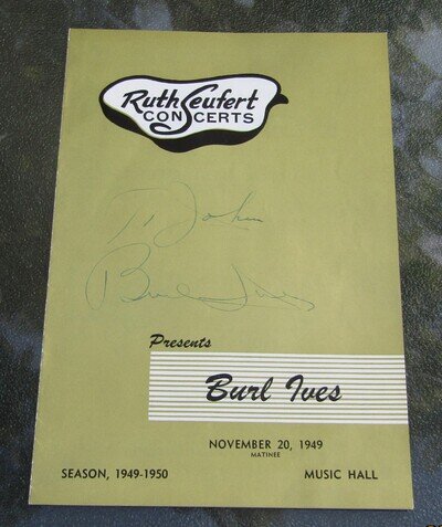1949 Ruth Seufert Concerts BURL IVES Autographed Concert Program To John LOOK