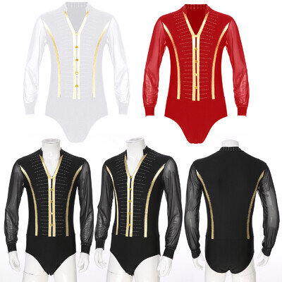 Mens Sparkle Rhinestone Modern Latin Jazz Dance Shirt Top Ballroom Rumba Leotard