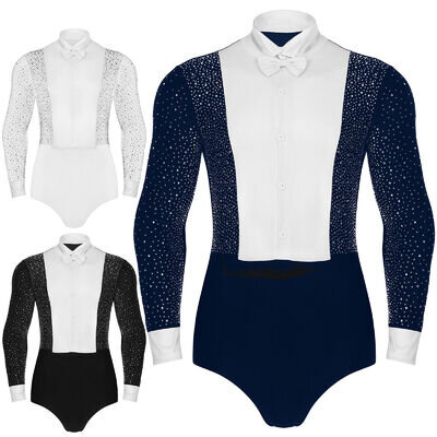 Men Shiny Latin Ballet Dance Shirt Leotard Long Sleeve Ballroom Samba Salsa Top