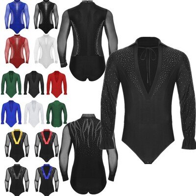 Mens Latin Shirts Deep V Neck Long Sleeve Rumba Dance Leotard Steampunk Tops