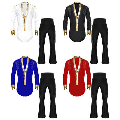 UK Men Figure Skating Dance Outfit Long Sleeve Shiny Leotard with Flared Pants