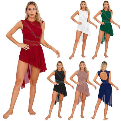 Women Lyrical Dance Costumes High Low Rhinestone Mesh Modern Contemporary Dress