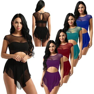 Women Lyrical Modern Ballet Dance Costume Asymmetrical Sheer Skirt Leotard Dress