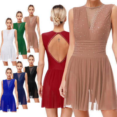 UK Womens Sequins Lyrical Dance Leotard Dress Hollow Back Contempory Costume