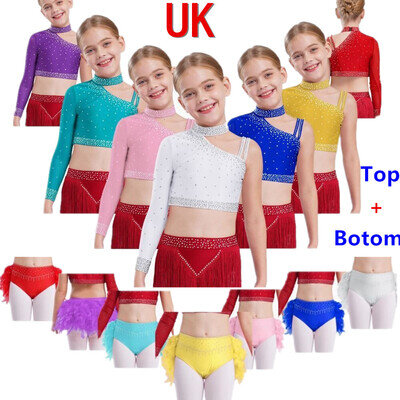 UK Girl Shiny Dance Jazz Costume One Shoulder Mock Neck Crop with Feather Briefs