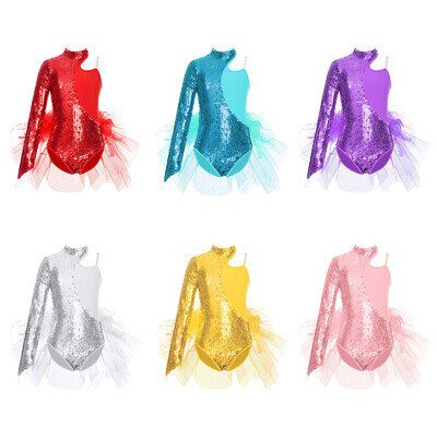 Girls Sequins Feather Tulle Skirted Leotard Jumpsuit Latin Jazz Dance Costume